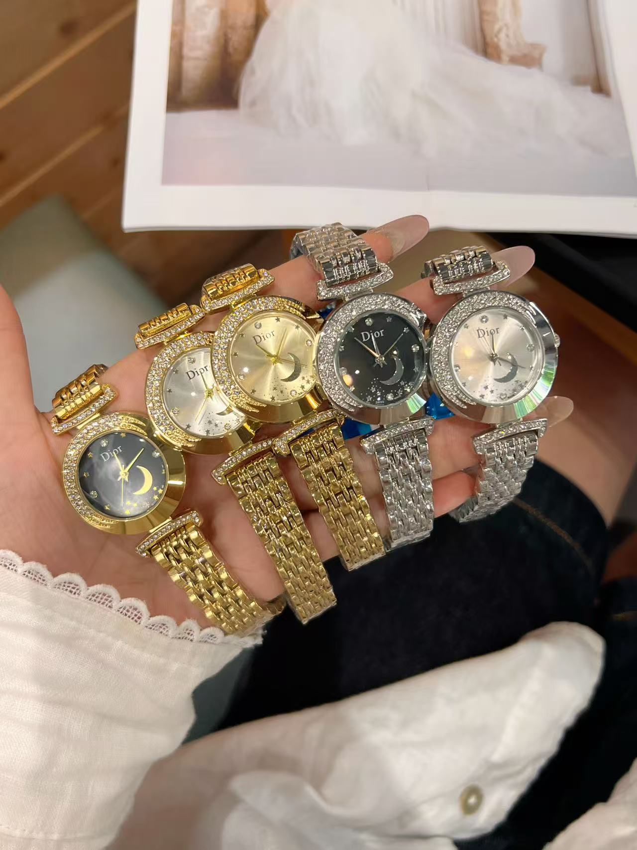 a1091b94da21dead420e37e4cc97534b Dior Style Moon & Star Dial Crystal Bezel Watch - Image 1